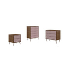 Manhattan Comfort Rockefeller Mid-Century Modern 3-Piece Bedroom Dresser Set - Nature/Rose Pink-Mid-Century Modern Tall Dresser, Standard Dresser and Nightstand Dresser for Bedroom Use. Set of 3.