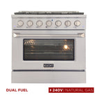 Kucht 36" KDF Series Pro Style Natural Gas Dual Fuel Range - Stainless Steel-6-burner gas range includes one 20,000 BTU dual burner with simmer, one 15,000 BTU burner, one 12,000 BTU burner, two 9,000 BTU burners and one 6,000 BTU