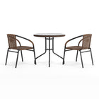 Flash Furniture 28" Round Glass Metal Table with Dark Brown Rattan Edging & 2 Dark Brown Rattan Stack Chairs-Designed for Commercial and Residential Use