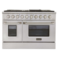 Kucht 48" KNG Series Pro Style Natural Gas Range - Stainless Steel-Cook and bake like a pro with two separate ovens featuring large oven windows. The main oven is a heavy-duty blue porcelain oven with 4.2-cu-ft of capacity, while the additional side oven has 2.5-cu-ft of capacity