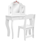 Qaba Kids Vanity Set Dressing Table with Tri-Folding Mirror, Chair - White-Two-piece set includes a vanity table and a matching chair
