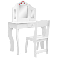 Qaba Kids Vanity Set Dressing Table with Tri-Folding Mirror, Chair - White-Two-piece set includes a vanity table and a matching chair
