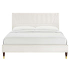 Modway Yasmine Channel Tufted Performance Velvet Full Platform Bed with Wood Legs and Gold Metal Sleeves - White-Wood Legs With Gold Metal Sleeves