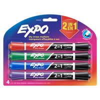 Expo Low Odour Dry Erase Marker - 2 in 1 Chisel - 4 Pack-Dual-ended design gives you two colours in one marker