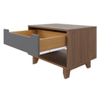 Nexera Barista Nightstand with 1-Drawer And Folding Door - Walnut & Charcoal-Signature drawer front and carved legs with charcoal matte lacquer finish