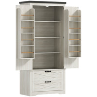HOMCOM 64" H Kitchen Pantry Cabinet with Doors and Drawers - Distressed White-Distressed white pantry with barn doors and black accents exudes farmhouse charm 