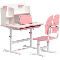 Qaba Kids Study Table & Chair, Adjustable Kids Desk & Chair Set - Pink-MDF tabletop and steel legs for durability 
