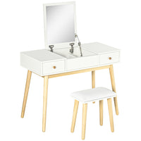 HOMCOM Makeup Vanity Desk with Flip Top Mirror and Cushioned Stool - 39.4" L x 17.7" W x 46.5" H - White-Fashionable and elegant vanity desk with a cushioned makeup stool 