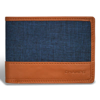 Champs Denim Leather Center Wing Wallet - Tan/Blue-Leather Center wing wallet in gift box