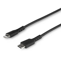 StarTech Durable USB-C to Lightning Cable - 3' - Black-DURABLE: 3.3 ft. Heavy duty lightning cable with aramid fiber for high tensile strength increasing reliability & life of cable, Tested to withstand 10000+ bend cycles at 180° & 5000+ insertions