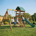 Qaba Wood Playset with Slide, 2 Swings, Rock Wall and Covered Upper Deck-Two EVA rope swings let siblings play together, reducing waits and tears