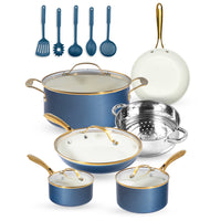 Gotham Steel Ultra Performance Ceramic and Aluminum Non-Stick Cookware 15-Piece Set - Navy with Gold Handles-Gotham Steel natural collection: healthier cooking is easy with this nonstick ceramic cookware set, pots and pans are designed to be 2x more durable, dishwasher safe, and oven safe up to 500˚F, gold stay-cool handles allow you to go from stovetop to oven, but this set doesn't just cook good, they look good too, with a modern cream color that adds an elevated aesthetic to your kitchen