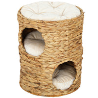 PawHut 2-Storey Cat Condo Barrel with Cushions - Light Brown-Two condos and a top area for rest 