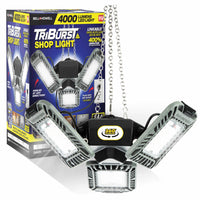 Bell+Howell TriBurst LED Shop Light - 4000 Lumen-Tri Panel Shop Light: The revolutionary Triburst Shop Light is constructed to provide unmatched brightness, versatility, and convenience to enhance your productivity. With an impressive 4000 lumens, Triburst lights up your entire work area with a clear, bright light, while the tri-panel design provides easy re-direction, ensuring no corner is left in the dark.