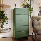 Manhattan Comfort Granville 23.62" Modern Tall Narrow Dresser - Sage Green-Includes 5 Full Extension Drawers with Top Drawer Designed in Vertical Textured Ribbed Lines Made from Solid Wood. Top Drawer includes option for 6 small compartments for designed to better organize.
