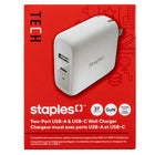 Staples GaN USB-A/USB-C Wall Charger - 37W - White-37W PD (Power Delivery) 2-port wall charger with 12W USB-A and 25W USB-C charging ports