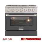 Kucht 36" KDF Series Pro Style Natural Gas Dual Fuel Range - Stainless Steel/Cement Grey-6-burner gas range includes one 20,000 BTU dual burner with simmer, one 15,000 BTU burner, one 12,000 BTU burner, two 9,000 BTU burners and one 6,000 BTU