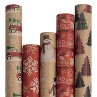 JAM Paper Assorted Gift Wrap - Christmas Kraft Wrapping Paper - 125 Sq Ft Total - Kids Kraft Christmas Set - 5 Rolls/Pack-Design: Kraft Christmas