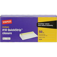 Staples #10 Envelopes with QuickStrip Closure - 4-1/8" x 9-1/2" - White - 50 Pack-This #10 envelope can be used to send letters, cheques, bills, statements, announcements, contracts and more