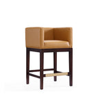 Manhattan Comfort Kingsley 21" Mid-Century Modern Faux Leather Upholstered Counter Stool - Camel and Dark Walnut - 3 Pack-Square Tight Back and Arm Design