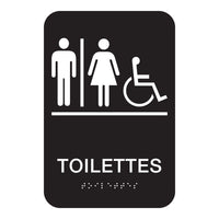 Cosco ADA Restroom Wheelchair Accessible Indoor Wall Sign - 6" x 9" - Black & White - French Text-This ADA restroom wheelchair sign features French text and iconography to clearly guide French-speaking individuals to accessible facilities