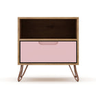 Manhattan Comfort Rockefeller 20.08" Mid-Century Modern 1-Drawer Nightstand - Nature/Rose Pink-Mid-Century Modern Nightstand for Bedroom and Living Room Use