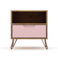 Manhattan Comfort Rockefeller 20.08" Mid-Century Modern 1-Drawer Nightstand - Nature/Rose Pink-Mid-Century Modern Nightstand for Bedroom and Living Room Use