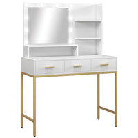 HOMCOM Vanity Desk with Mirror and Lights - 38.6" L x 17.7" W x 54.3" H - White-Three drawer plus three open shelves for organization 