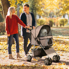 PawHut 4-Wheel Pet Stroller with Folding Sunshade Canopy, Brake, Safety Leash and Cup Holder - Brown-Front universal wheels and two rear wheels with brake included for easy parking 