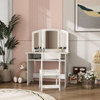 Qaba Kids Vanity and Dressing Table with Tri-Folding Mirror, Stool and Storage Shelf - White-Removable top converts table for reading or writing activities 