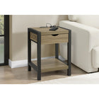 Monarch Specialties 3200 24" Contemporary Side Accent Table 2-Tier - Storage Drawer - Dark Taupe Laminate - Black Metal-Equipped with a convenient storage drawer and a 2-tier shelf, this side table offers practical solutions for organizing essentials, perfect for use as an end table or nightstand