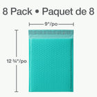 Quality Park Poly Bubble Mailers With Redi-Strip Peel Off Closure - 11" L x 8.25" W - Teal - 8 Pack-The useable size of the bubble mailer is 11" L x 8.25" W and the overall dimensions are 12.75" L x 9" W