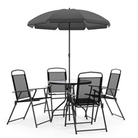 Flash Furniture Nantucket 6-Piece Patio Garden Set with Table, Umbrella & 4 Folding Chairs - Black-Table and Chair Set