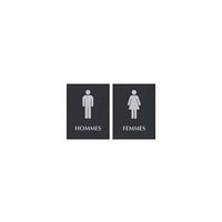 Headline Sign Century Series ADA Signs, Men/Women Combo Pack, French (Hommes/Femmes)-Contemporary-look silver-on-black design with raised pictograms and Braille messaging