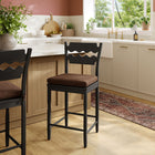 Modway Jax Oak Wood Counter Stool With Wavy Razor Back and Cushion - Black Cocoa-Fabric Seat Cushion