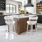 Armen Living Madrid 26" Counter Height Swivel Bar Stool in White Faux Leather & Brushed Stainless Steel-Whether you have a kitchen island, a bar table, pub table, or peninsula - we've got you covered with any height you desire. The Madrid comes in your choice of 26" counter height or 30" bar height option.