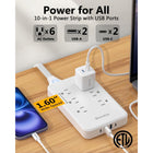 Huntkey Detachable Surge Protector Power Strip with 6 Outlets and 4 USB Ports - White-Built with a 1080-Joule energy rating to actively shield your computers, TVs, and mobile devices from sudden power surges and lightning strikes.