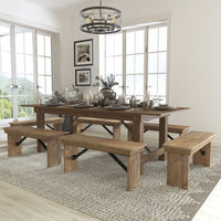 Flash Furniture HERCULES Series 8' x 40" Antique Rustic Folding Farm Table & Six Bench Set-Farmhouse Dining Table Set in Antique Rustic White Stain Finish