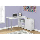 Monarch Specialties 7133 Computer Desk - White Left Or Right Facing Corner-Featuring open and closed storage with 3 handy storage drawers including a file drawer for standard or legal sized folders, an adjustable shelf to place a small printer, books, or documents for efficient organization.
