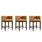 Manhattan Comfort Kingsley 21" Mid-Century Modern Faux Leather Upholstered Counter Stool - Camel and Dark Walnut - 3 Pack-Mid-Century Modern Counter Stool with Backseat Perfect for Bar and Kitchen Use. Set of 3