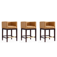 Manhattan Comfort Kingsley 21" Mid-Century Modern Faux Leather Upholstered Counter Stool - Camel and Dark Walnut - 3 Pack-Mid-Century Modern Counter Stool with Backseat Perfect for Bar and Kitchen Use. Set of 3