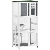 PawHut 36" L Outdoor Cat House Catio with Wheels and Asphalt Roof - White-Outdoor cat enclosure accommodates 1-3 cats up to 13lbs (6kg) 
