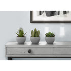Monarch Specialties 6" Artificial Indoor Succulent Green Plants - Table - Grey Cement Pots - Set of 3-Each artificial plant is potted up in a neutral melamine grey pot with sand dressing on top, perfect for placing indoors on tables, shelves, or other flat surfaces