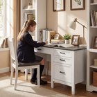 HOMCOM 54" Farmhouse Executive Desk with File Drawer - White Wood Grain-Robust construction supports up to 117 lbs and includes an anti-tip safety feature