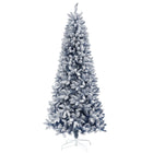 HOMCOM 7' Snow-Flocked Artificial Christmas Tree with Hinged Tips - White-Blue colour and snow-flocked branches mimic a wintry outdoor scene 