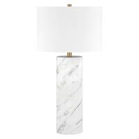 Hudson&Canal Elise 30" Tall Table Lamp with Fabric Shade - Marble/Brass/White-Glam design for your living room, workspace, or bedside table