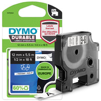 DYMO D1 Durable Label Cassette, Black On White, 12 mm x 5.5 m-Label tape is 1/2" wide and 10' long cartridge