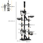 PawHut 94" - 102" Floor-To-Ceiling Huge Cat Tree Tower - White-Ladders and hanging toys for added fun 