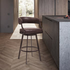 Armen Living Saturn 30" Bar Height Swivel Bar Stool in Brown Faux Leather & Auburn Bay Metal-Whether you have a kitchen island, a bar table, pub table or peninsula, we've got you covered with any height you desire. Our bar height stools have a comfortable seat height of 30" and our counter height stools hold you at a convenient 26" seat height.