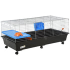 PawHut 47" L Rolling Small Animal Cage with Food Dish, Water Bottle, Hay Feeder and Platform - Black-Optimum for a small rabbit, chinchilla, guinea pig and other similar sized small pets 